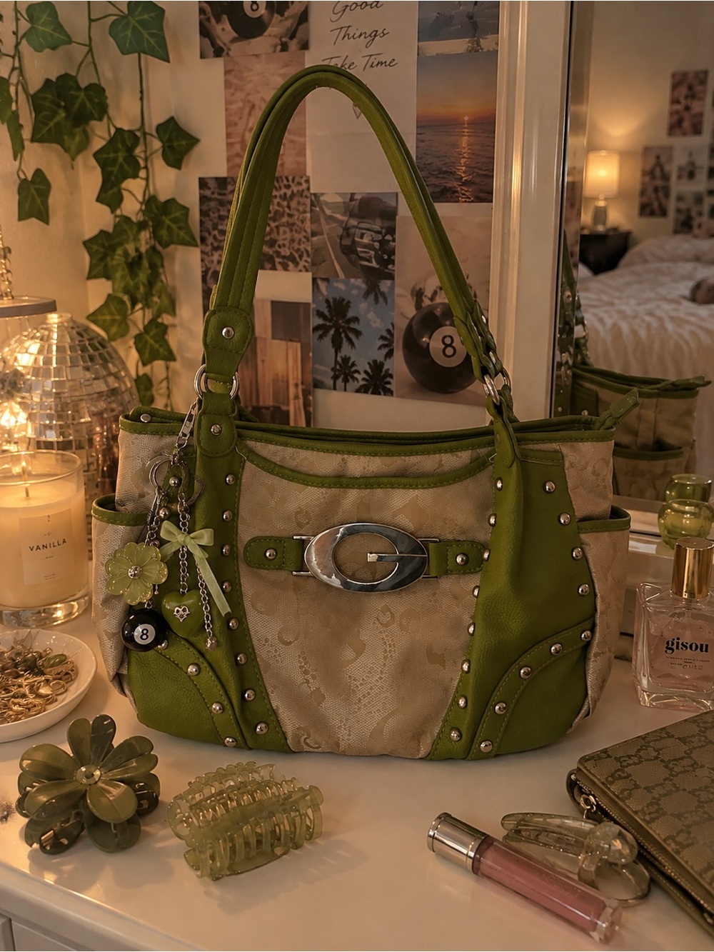 Vintage Y2K GUESS Green Monogram Studded Shoulder Bag